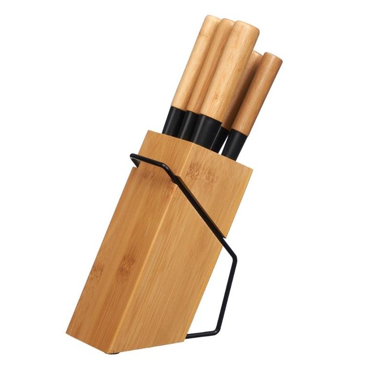 Kinvara, Bamy, zestaw noży kuchennych z bambusowymi trzonkami w stojaku, 6 szt.