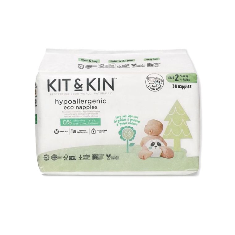 Kit and Kin, biodegradowalne pieluszki jednorazowe, rozmiar 2, Midi, 4-8 kg, myszka i panda, 38 szt.