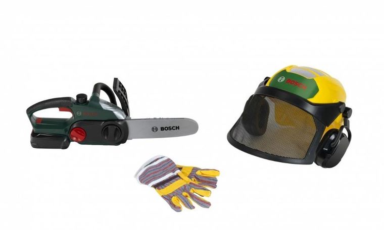 Klein, Bosch, zestaw drwala z piłą łańcuchową, kaskiem i rękawicami