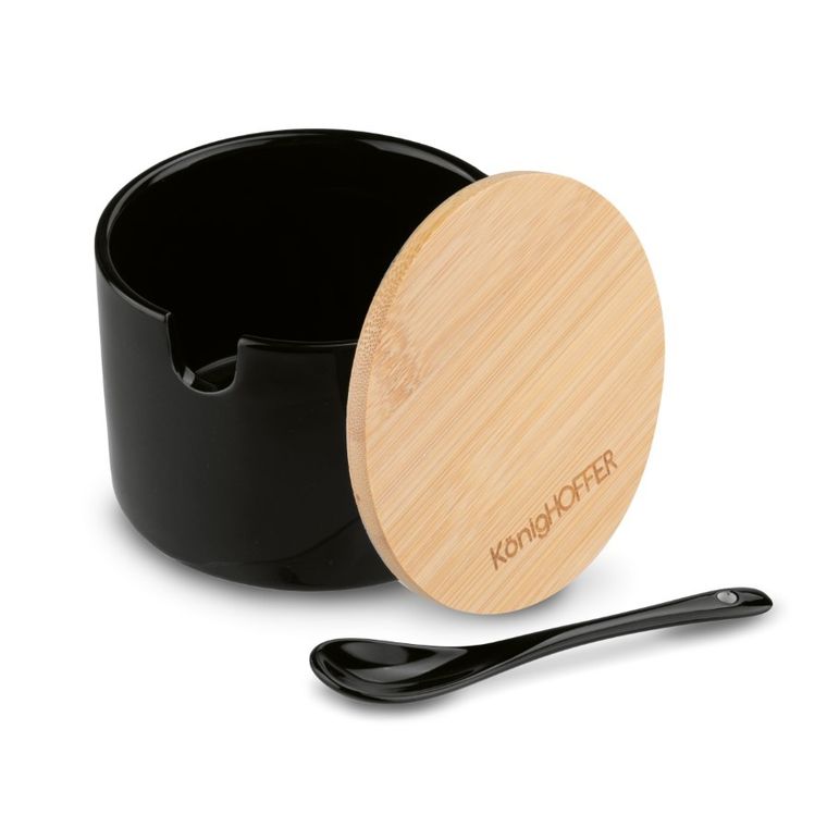 Könighoffer, cukiernica z łyżeczką i bambusową pokrywką, porcelanowa, czarna, 350 ml