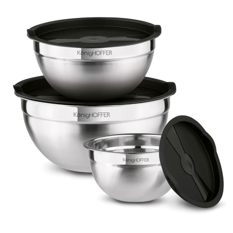 Könighoffer, komplet misek nierdzewnych satynowych z czarną pokrywą, 16/20/24 cm, 3 szt.