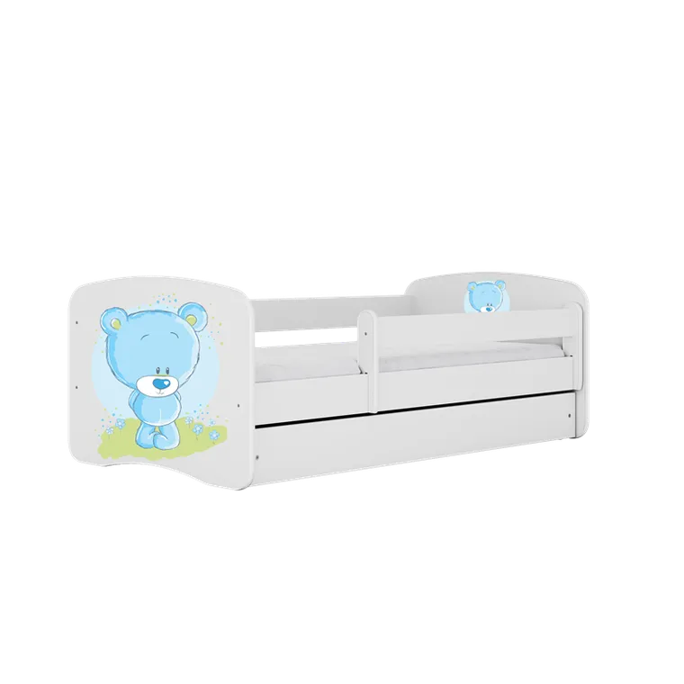 Kocot Kids, Babydreams, łóżko z szufladą i materacem, białe, niebieski miś, 80-180 cm