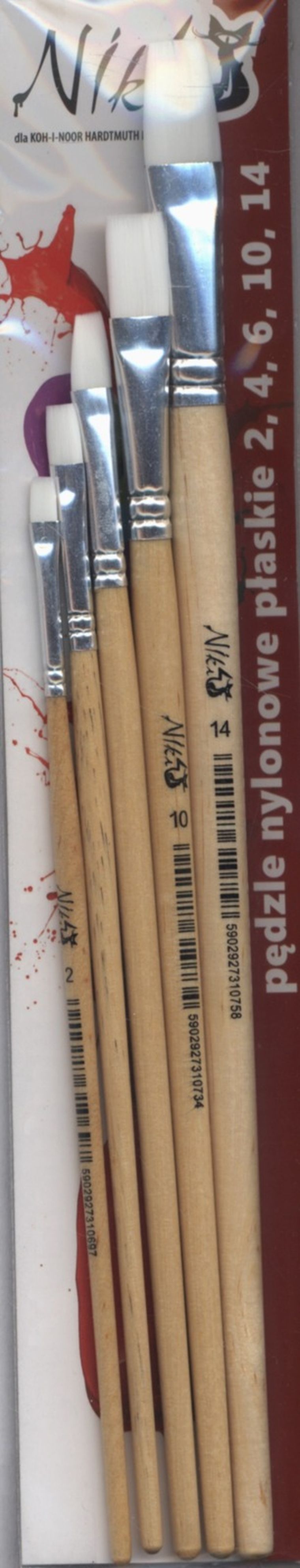 Koh-I-Noor, pędzle nylonowe, płaskie, Niki 4 nr 2,4,6,10,14
