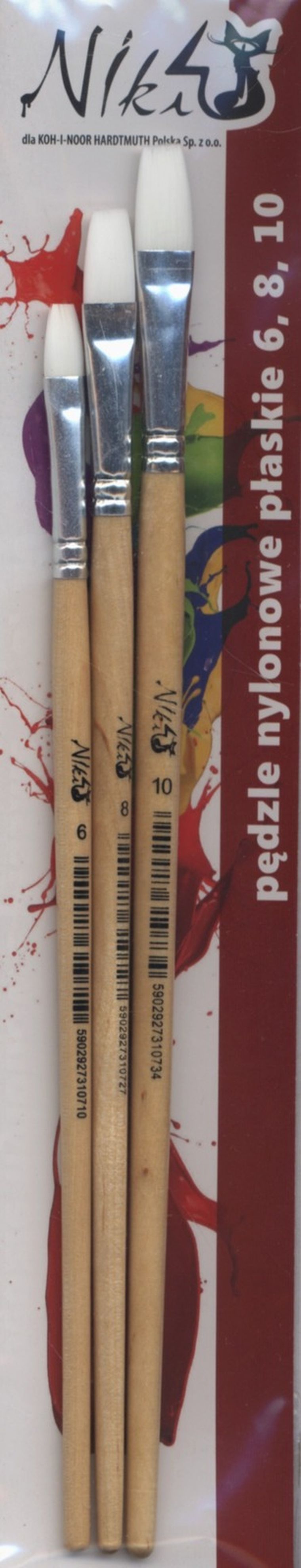 Koh-I-Noor, zestaw pędzli nylonowych, płaskie, Niki 4 nr 6,8,10