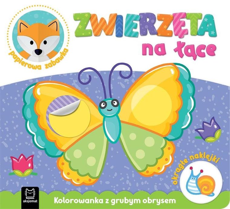 Kolorowanka z grubym obrysem, okrągłe naklejki, papierowa zabawka. Zwierzęta na łące