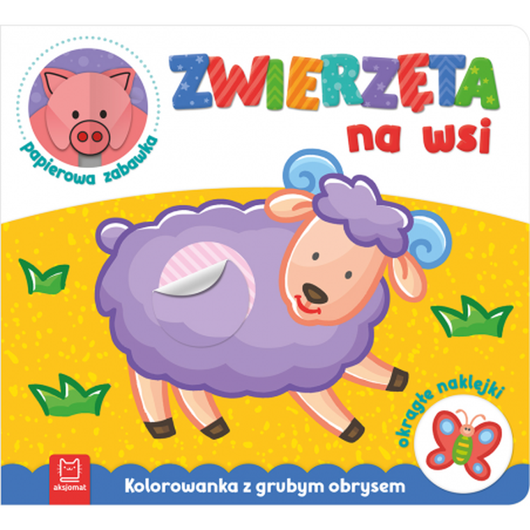 Kolorowanka z grubym obrysem, okrągłe naklejki, papierowa zabawka. Zwierzęta na wsi