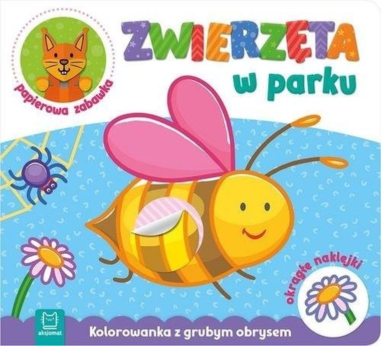 Kolorowanka z grubym obrysem, okrągłe naklejki, papierowa zabawka. Zwierzęta w parku