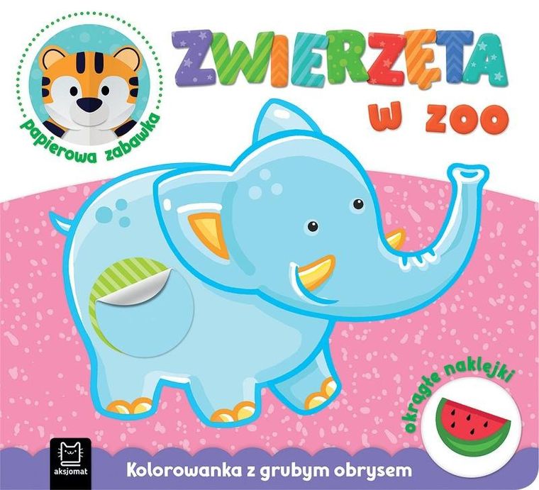 Kolorowanka z grubym obrysem, okrągłe naklejki, papierowa zabawka. Zwierzęta w zoo