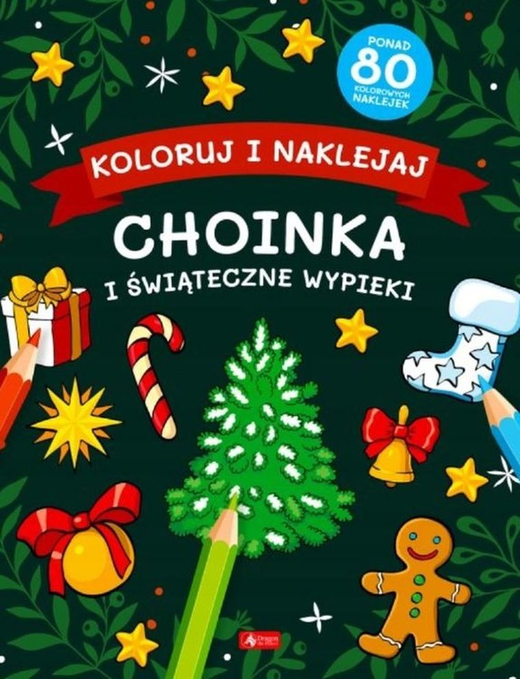 Koloruj i naklejaj. Choinka i świąteczne wypieki