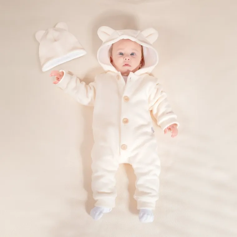 Kombinezon przejściowy chłopięcy z kapturem, ocieplany, Czapka, ecru, Nicol