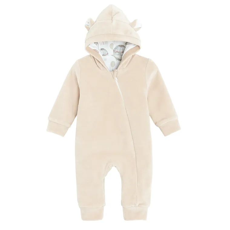 Kombinezon przejściowy chłopięcy z kapturem, welurowy, beżowy, Nicol