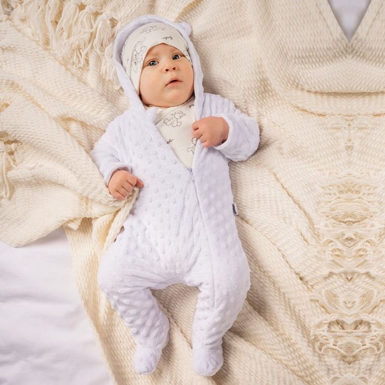 Kombinezon przejściowy niemowlęcy z kapturem, ocieplany, biały, minky, Nicol