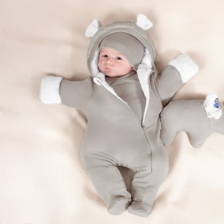 Kombinezon przejściowy niemowlęcy z kapturem, ocieplany, szary, Nicol