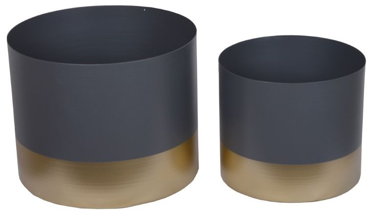 Komplet 2 donic na zioła metalowych, szary, ze złotym dołem, wysoki, 23.5-20, 30-24 cm