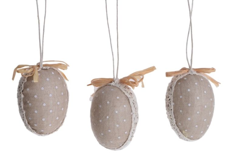 Komplet 3 jajek beż w kropki, zawieszka, 4.5-6.5 cm
