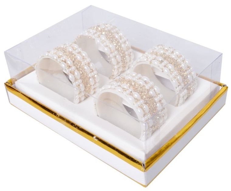 Komplet 4 serwetników obrączkowych, biało-złote, 5-2,5-5 cm