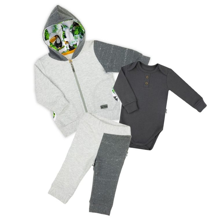 Komplet chłopięcy, Bluza, rozpinana, Body z długim rękawem, Spodnie dresowe, szary, Nicol