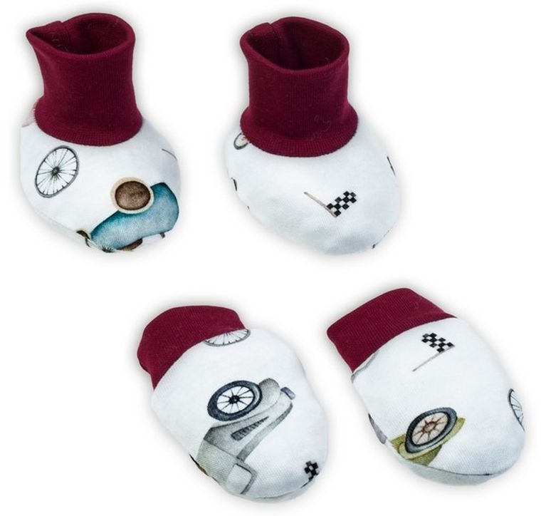 Komplet chłopięcy, Buciki niechodki, Rękawiczki niedrapki, bordowo-biały, Nicol