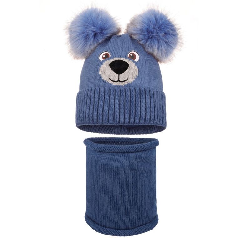 Komplet chłopięcy, Czapka z pomponami, Komin, niebieski, Ambra