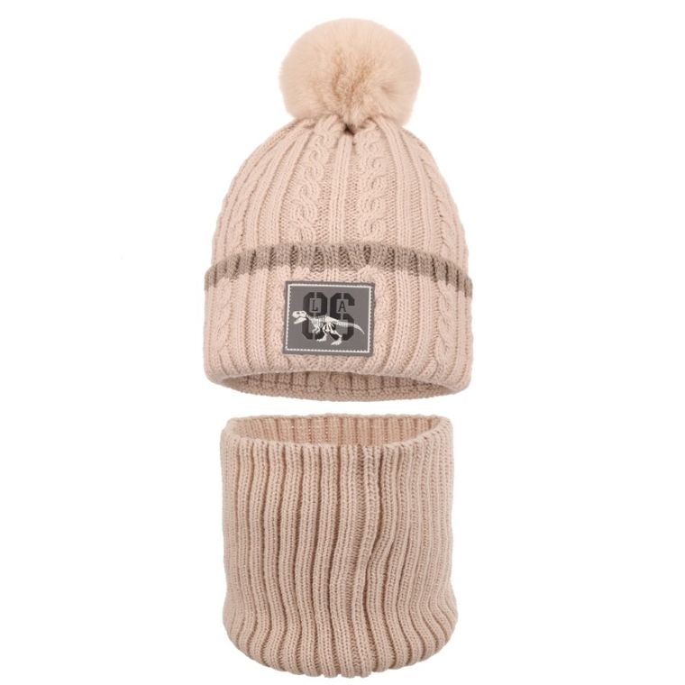 Komplet chłopięcy, Czapka z pomponem, Komin, beżowy, Ambra