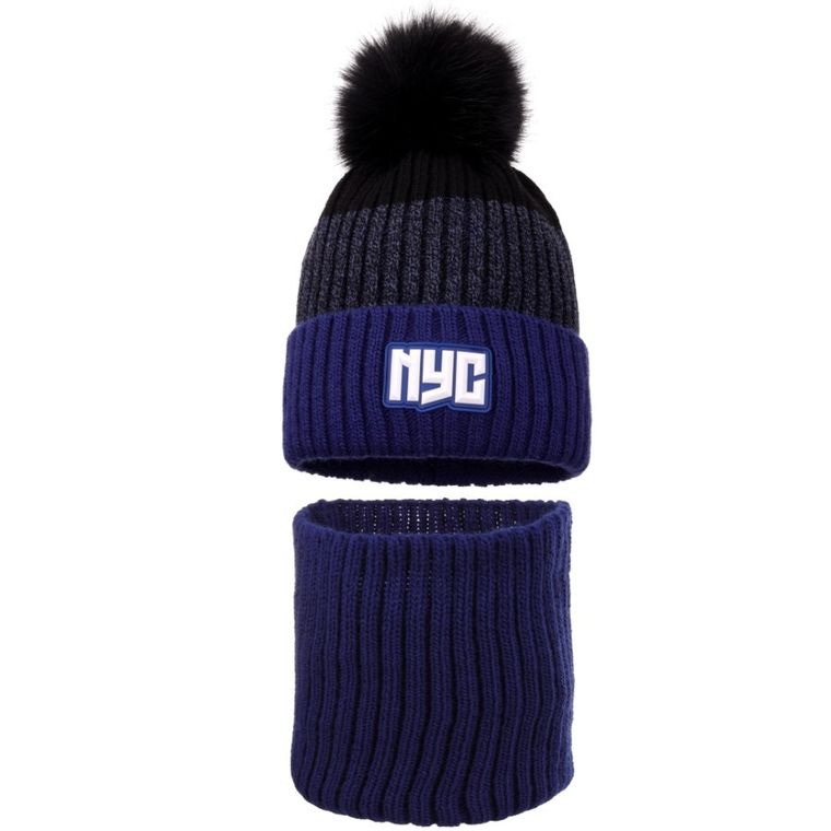 Komplet chłopięcy, Czapka z pomponem, Komin, granatowy, Ambra