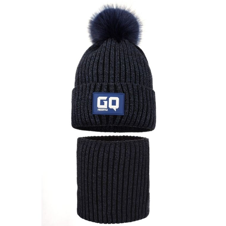 Komplet chłopięcy, Czapka z pomponem, Komin, granatowy, Ambra