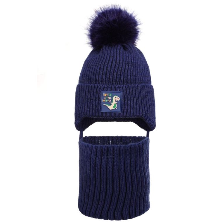 Komplet chłopięcy, Czapka z pomponem, Komin, granatowy, Ambra