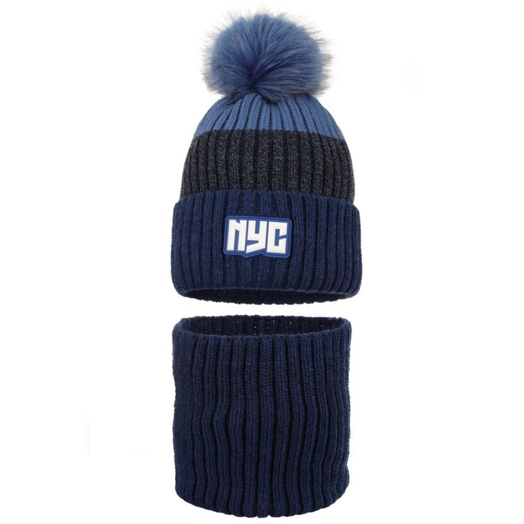 Komplet chłopięcy, Czapka z pomponem, Komin, niebieski, Ambra