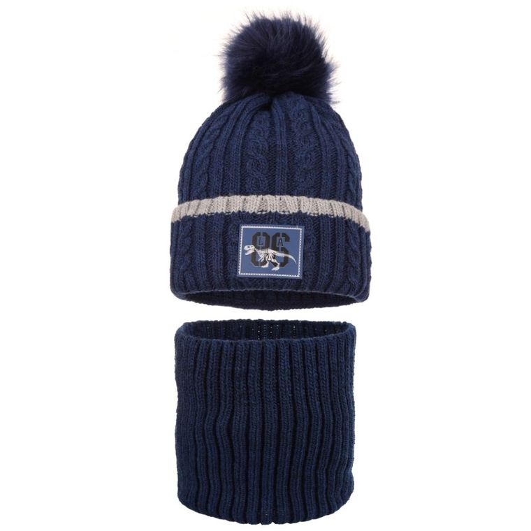 Komplet chłopięcy, Czapka z pomponem, Komin, niebieski, Ambra