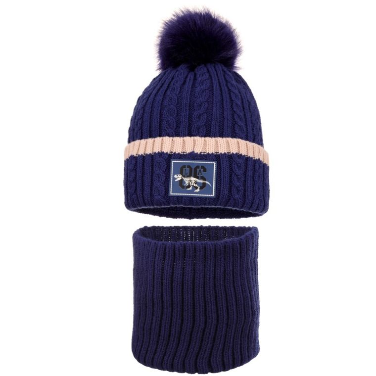 Komplet chłopięcy, Czapka z pomponem, Komin, niebieski, Ambra