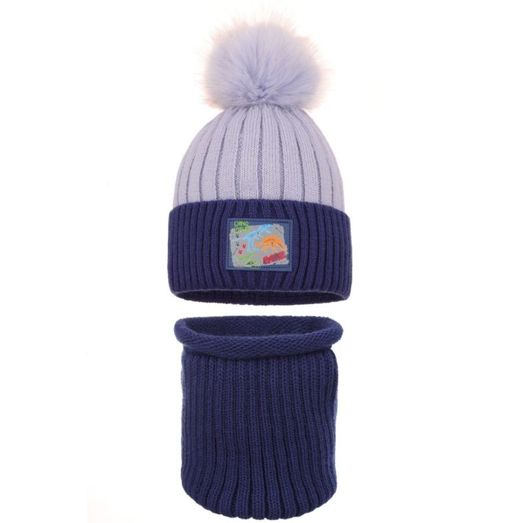 Komplet chłopięcy, Czapka z pomponem, Komin, niebieski, Ambra