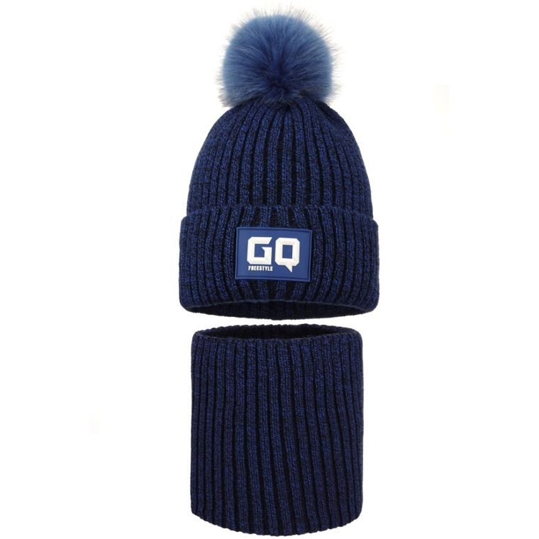 Komplet chłopięcy, Czapka z pomponem, Komin, niebieski, Ambra