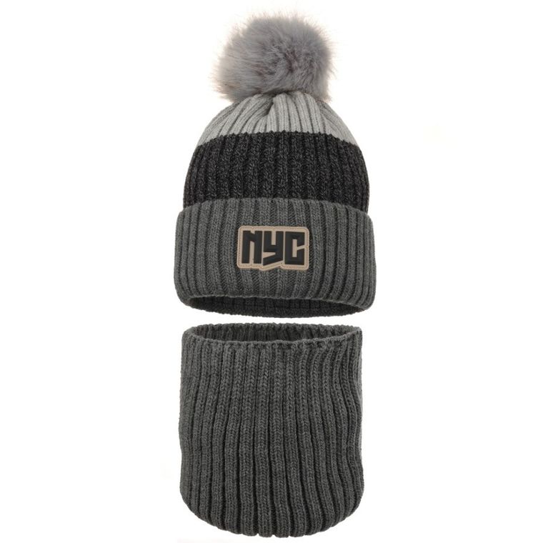 Komplet chłopięcy, Czapka z pomponem, Komin, szary, Ambra