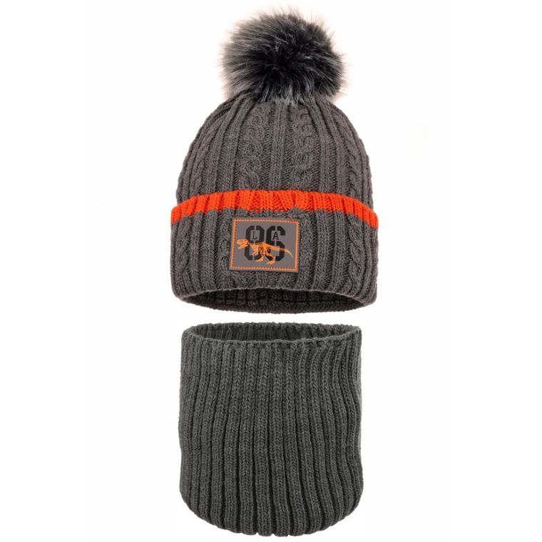 Komplet chłopięcy, Czapka z pomponem, Komin, szary, Ambra