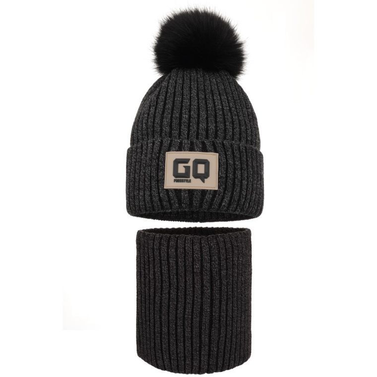 Komplet chłopięcy, Czapka z pomponem, Komin, szary, Ambra