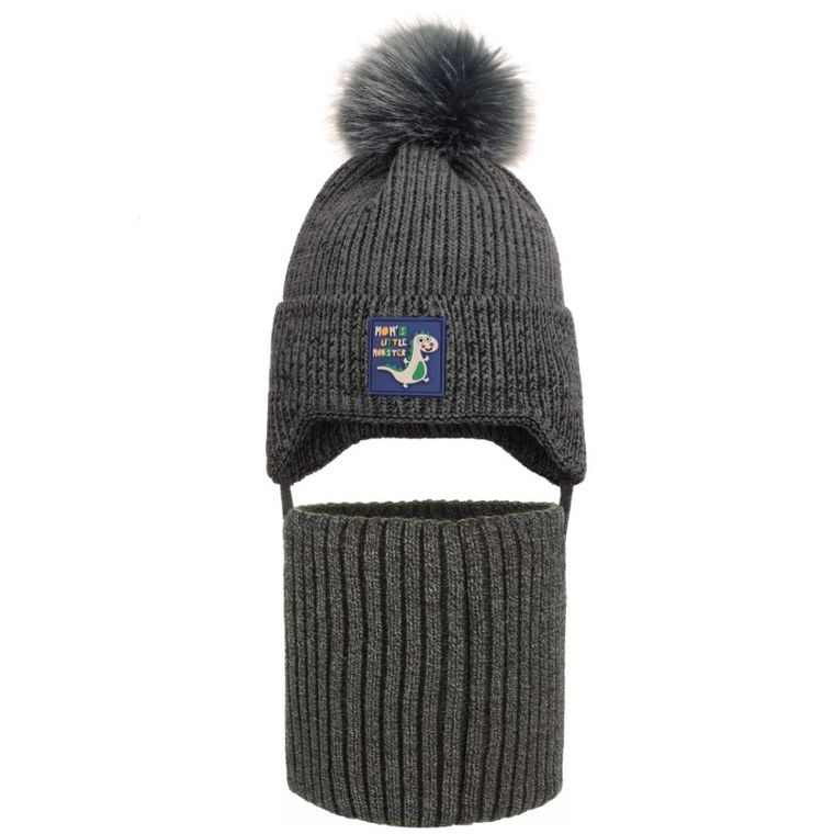 Komplet chłopięcy, Czapka z pomponem, Komin, szary, Ambra