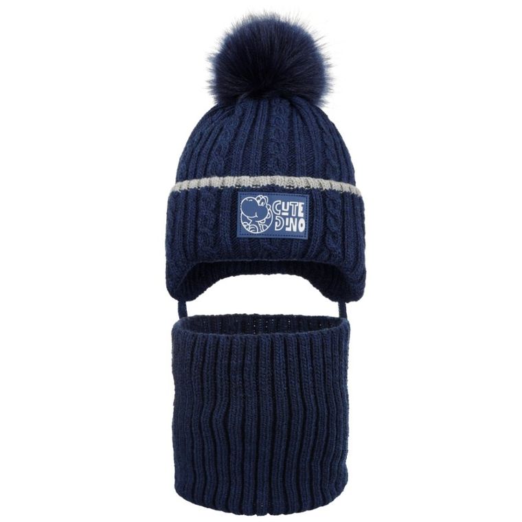 Komplet chłopięcy, Czapka z pomponem, wiązana, Komin, granatowy, Ambra