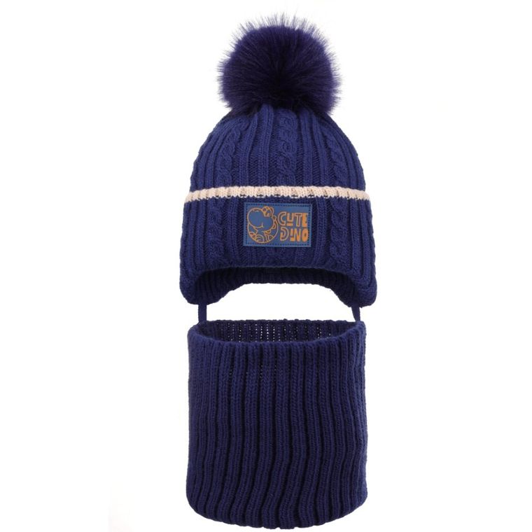 Komplet chłopięcy, Czapka z pomponem, wiązana, Komin, granatowy, Ambra