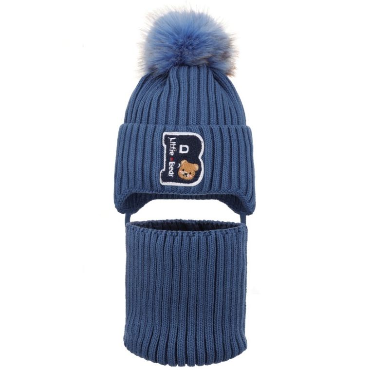 Komplet chłopięcy, Czapka z pomponem, wiązana, Komin, niebieski, Ambra