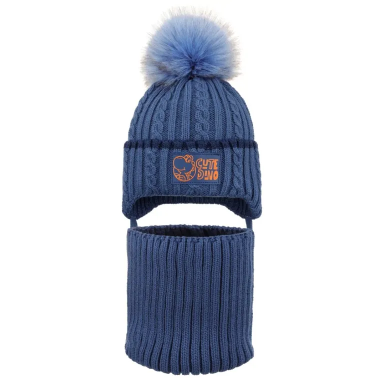 Komplet chłopięcy, Czapka z pomponem, wiązana, Komin, niebieski, Ambra