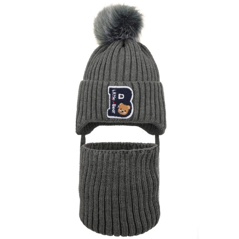 Komplet chłopięcy, Czapka z pomponem, wiązana, Komin, szary, Ambra