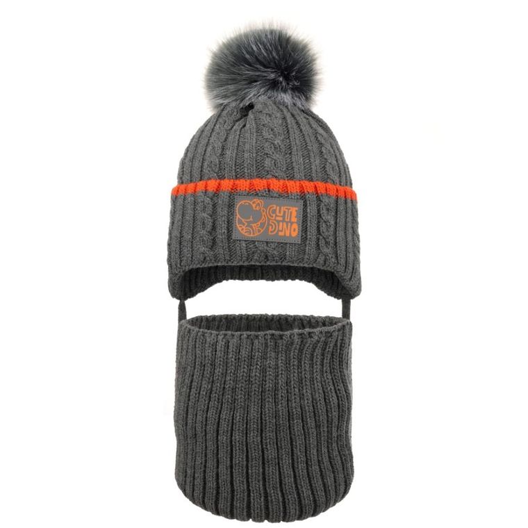Komplet chłopięcy, Czapka z pomponem, wiązana, Komin, szary, Ambra