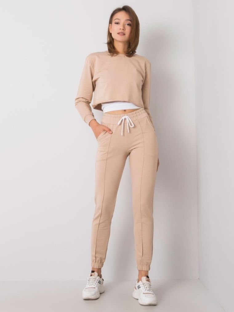 Komplet damski, Bluza, Top, Spodnie dresowe, beżowy, Rue Paris