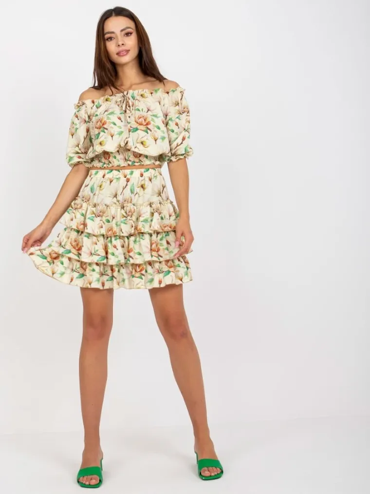 Komplet damski, Bluzka z krótkim rękawem, Spódnica, żółty, Lakerta