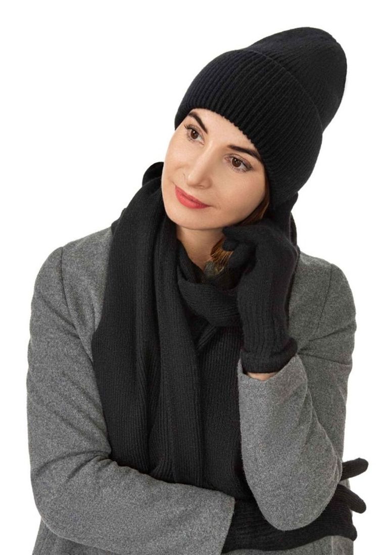 Komplet damski, Czapka, Szalik, Rękawiczki, czarny, Ambra