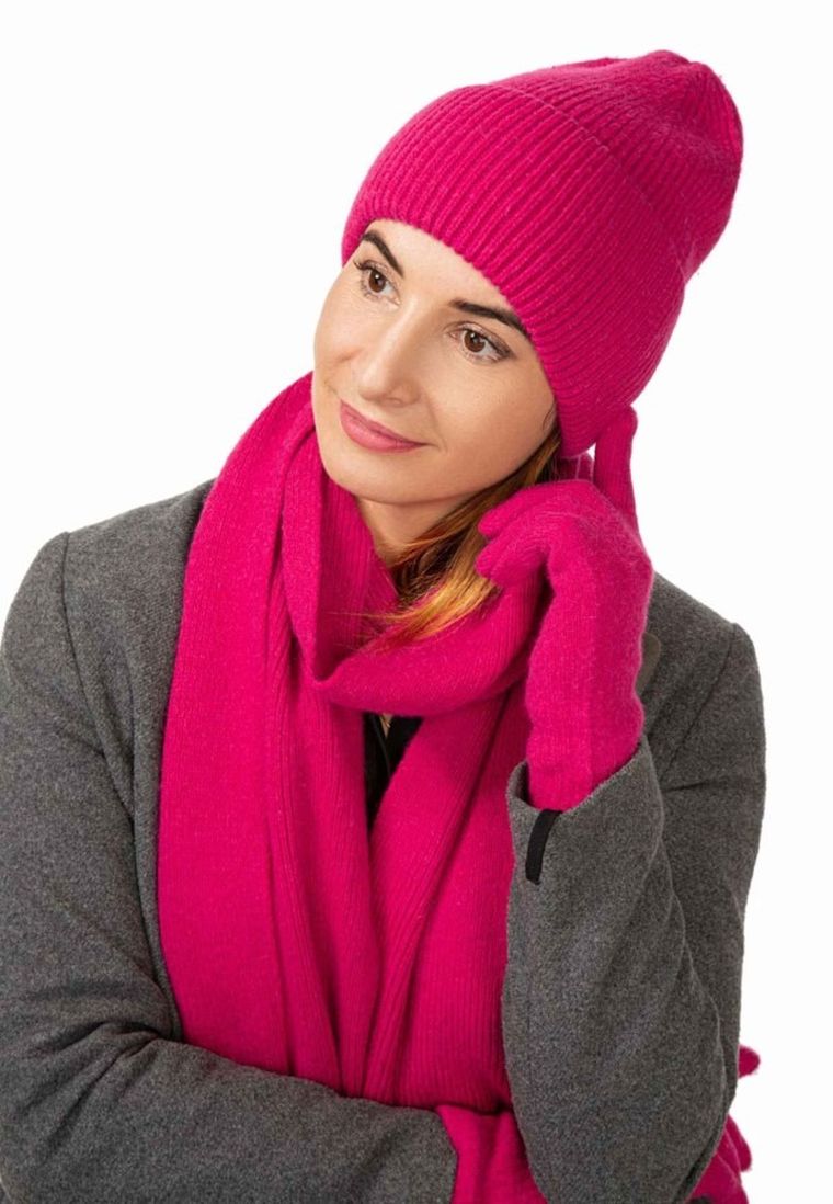 Komplet damski, Czapka, Szalik, Rękawiczki, różowy, Ambra