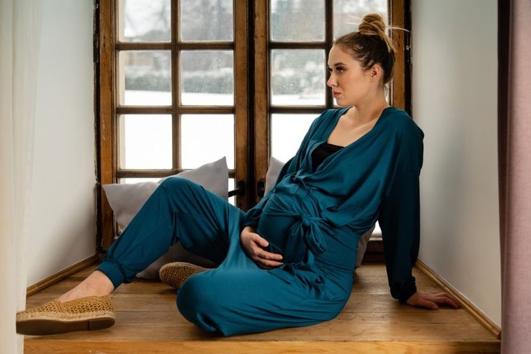 Komplet damski, Spodnie materiałowe, Bluzka z długim rękawem, turkusowy, Yoga, Miracle