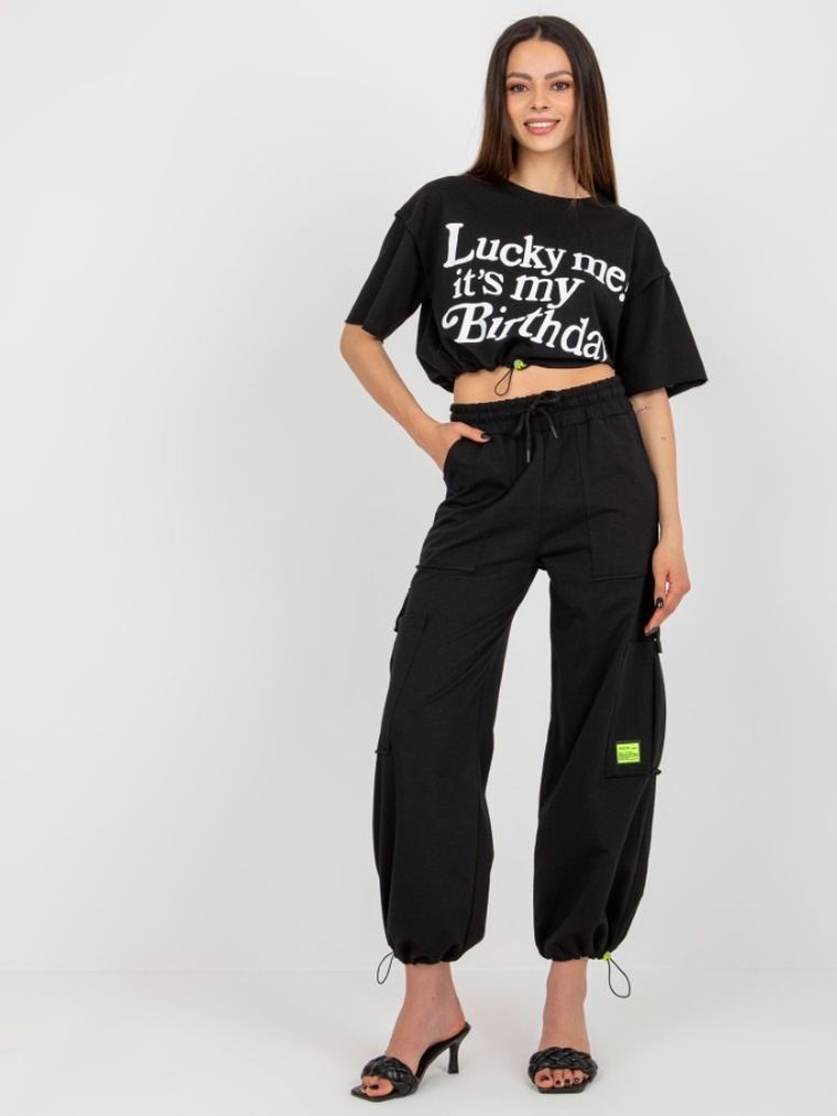 Komplet damski, T-shirt, Spodnie dresowe, czarny, BADU