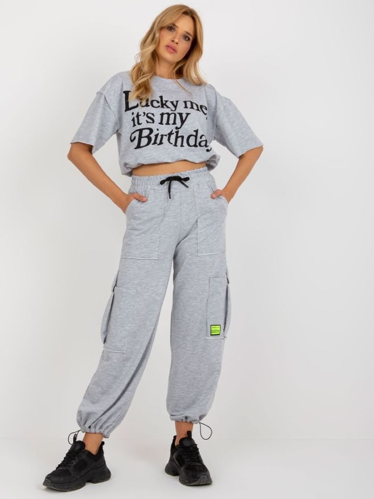 Komplet damski, T-shirt, Spodnie dresowe, szary, BADU