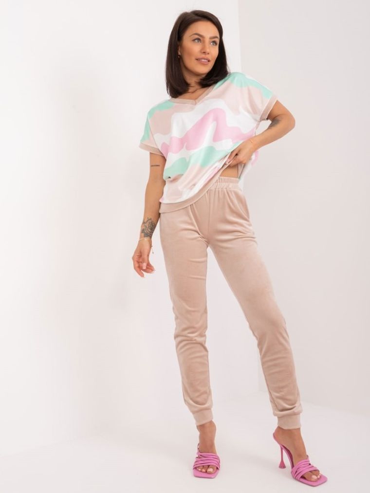 Komplet damski, T-shirt, Spodnie welurowe, mix, Rue Paris